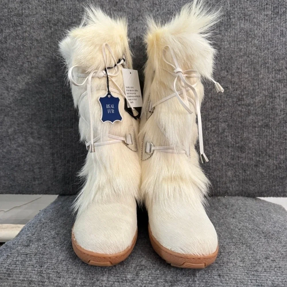 NWB Oscar Sport Italy Womens 9 Goat Fur Apres Ski Boots White Handmade Luxury